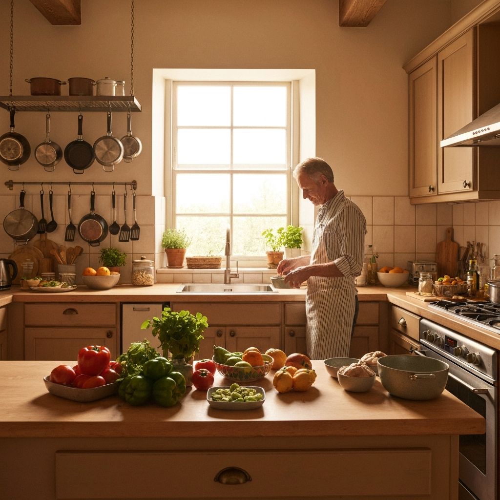 Cocina doméstica con alimentos preparados
